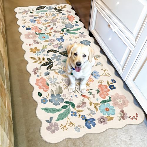 Hallway 2x5 Washable Runner Rug: Stain Resistant Floral Scalloped Rug