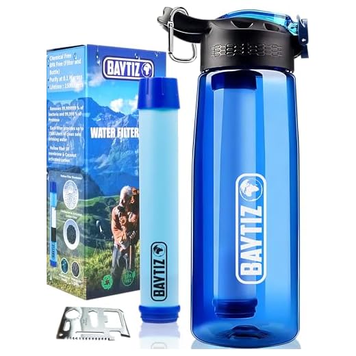 BAYTIZ ® Gourde Filtrante + Paille de Survie au Charbon Actif - Bouteille Filtre à Eau Nomade : Voyage Randonnée Trek Camping Kit Purificateur Réutilisable Plastique Sac Pluie Catastrophe
