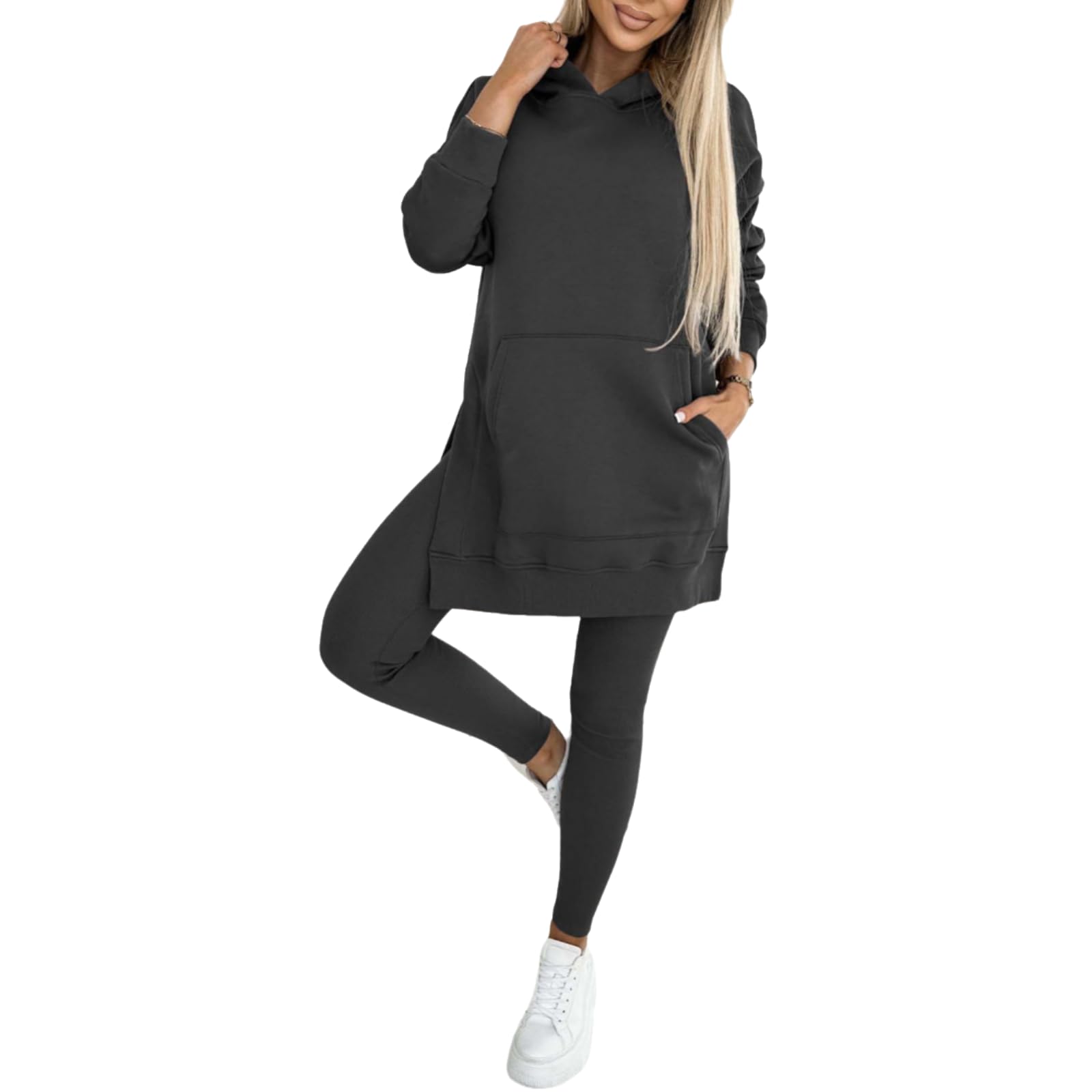 Generico Damen-Sport-Trainingsanzug-Set - felpa con cappuccio con tasche grandi + vita alta, a coste Stretch-Yoga-Leggings set fitness abbigliamento quotidiano