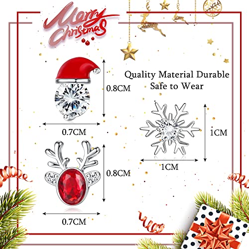 Finrezio 3 Pairs Silver Stud Earrings - Hypoallergenic Snowflake & Reindeer Christmas Hat Designs for Women & Girls - Xmas & Birthday Gift