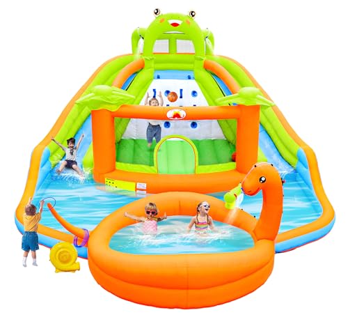 WELLFUNTIME Inflatable Water Double Slides Park with Blower, Bouncy Castle with Water Cannon, Dino Pool, Frog Castle, Climbing Wall, Basketball Hoop, Backyard Water Park for Kids