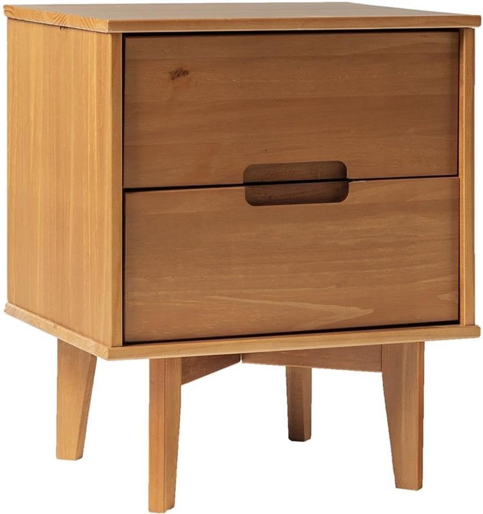 Walker Edison Mid Century Modern Grooved Handle Wood 2-Drawer Nightstand Side Table Bedroom Storage Drawer and Shelf Bedside End Table, 20 Inch, Carame