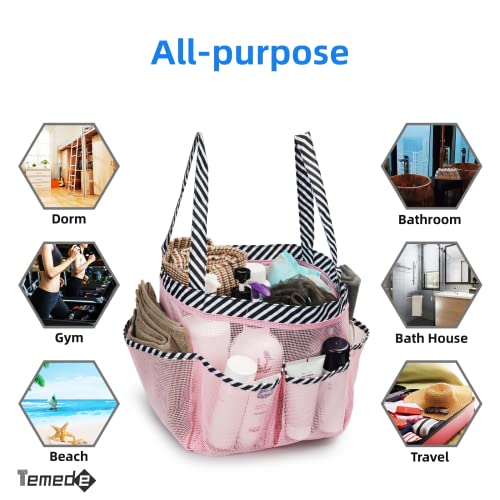 Temede Mesh Shower Caddy Tote, Large Shower Caddy Basket Portable, Quick Dry Hanging Toiletry Bag, 8 Storage Pocket Bath Organizer for College Dorm Room, Gym, Bathroom, Camp, Travel (Pink+Stripes)