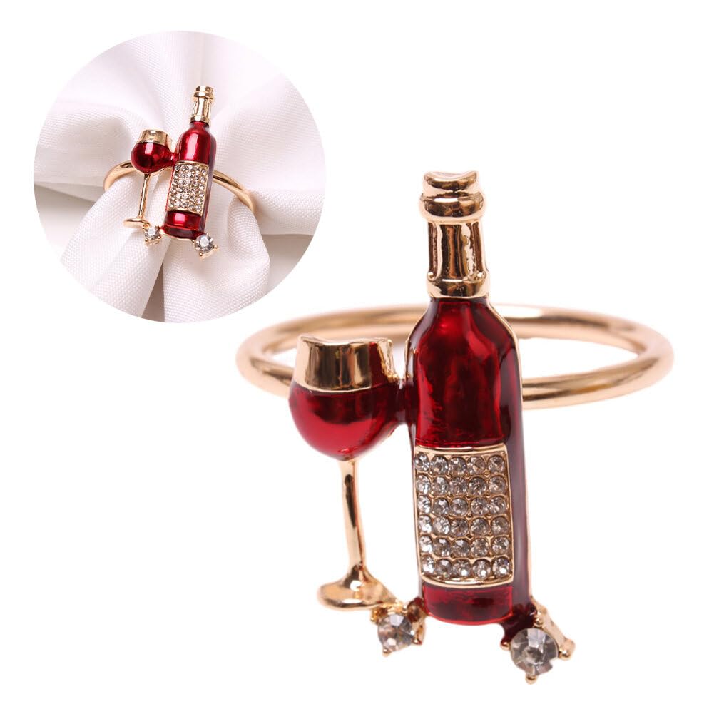 Set of 6 Metal Napkin Rings Red Wine Bottle Wine Glass Shiny Rhinestone Alloy Napkin Ring Buckle Holiday Table Setting Wedding Party Cocktail Party Napkin Ring Home Kitchen Bar Club Table Decoration