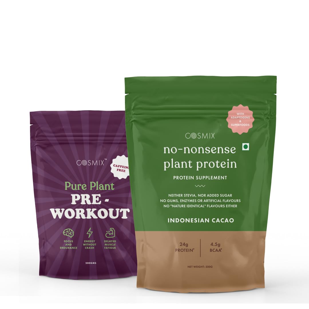 Cosmix No Nonsense Plant Protein + Plant Pre-Workout | Rice & Pea Isolate| 24g Protein/Serving | Easy To Digest | All Essential Amino Acids | Caffeine Free Energy | Muscle Recovery (Indonesian Cacao)