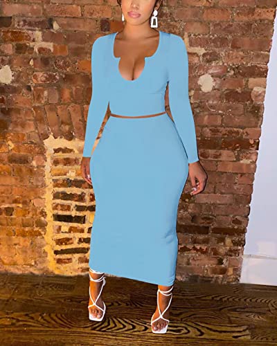 Image of Women Sexy Two Piece Skirt Outfits Long Sleeve /Sleeveless V Neck Bodycon Ribbed Knitted Maxi Club Party Dress