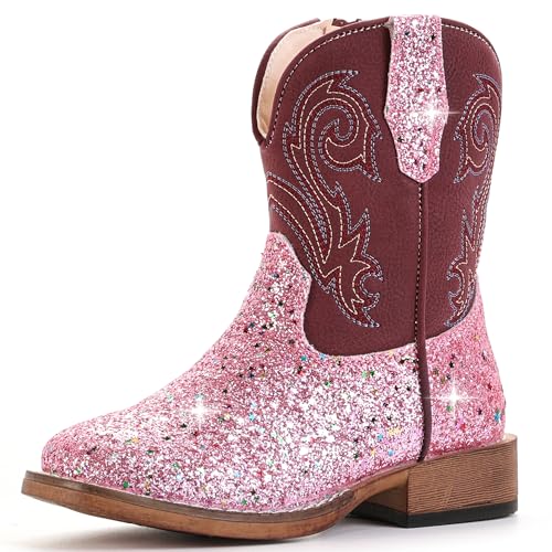 IUV KIDS Girls Cowgirl Boots Glitter Toddler Boys Cowboy Boots for Kids Western Square Toe Riding Mid Calf Boot