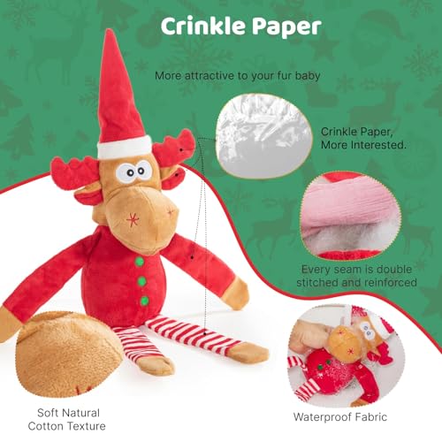 Image of Christmas Dog Toy Reindeer Plush with Squeaker & Crinkle Paper - Holiday Squeaky Chew Toy for Small and Medium Dogs - Interactive Santa Elf Pooch on a Perch Dog Gift