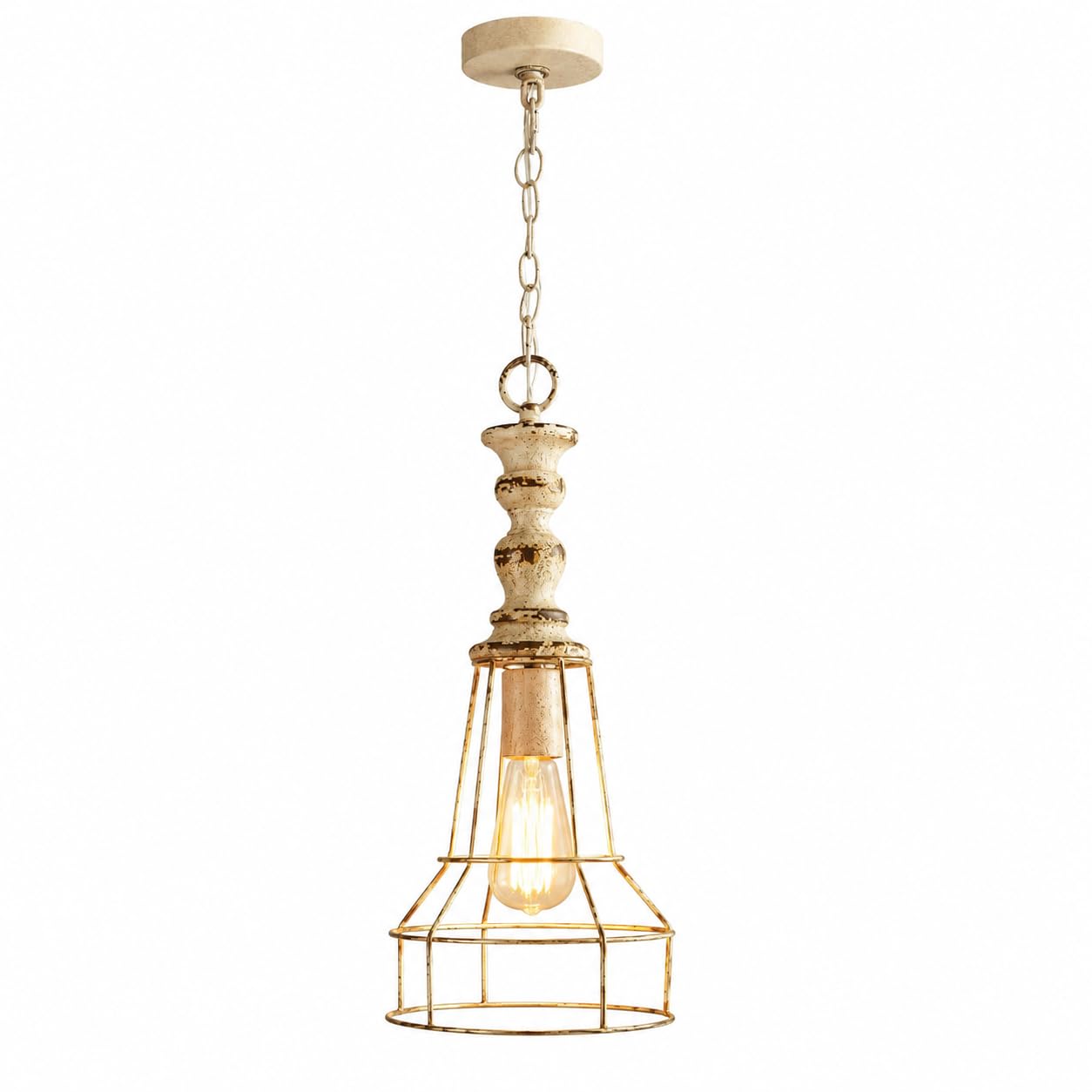ESIYUVO Vintage Wood and Metal Pendant Light, Industrial Hanging Lamp with Glass Shade and E27 Socket, 47.24 Inch Adjustable Chain Ceiling Fixture for Dining Room, Kitchen Island, Living Room