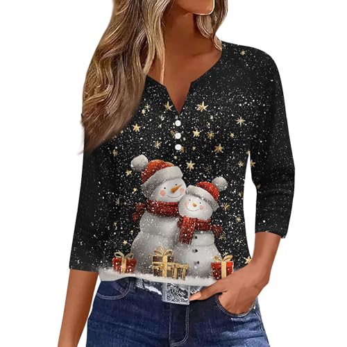 Image of Women Christmas Shirt 3 /4 Length Sleeve Henley Tops Xmas Outfits