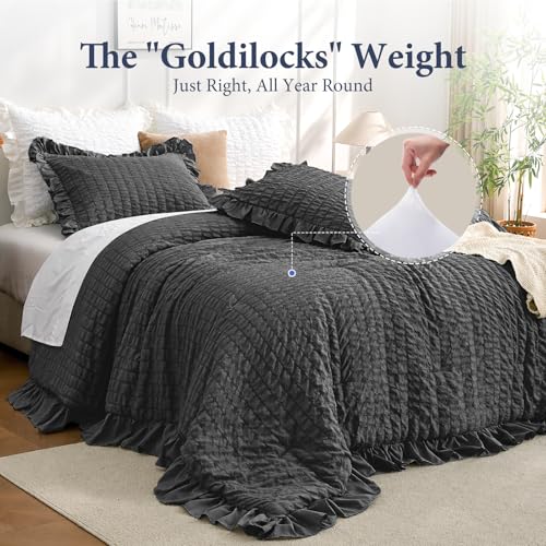 Image of JOLLYVOGUE Black Comforter Full Size, 3 Pieces Seersucker Lightweight Full Size Bedding, All Season Fluffy Microfiber Bedding Comforter Set with 1 Ruffle Comforter and 2 Ruffle Pillowshams