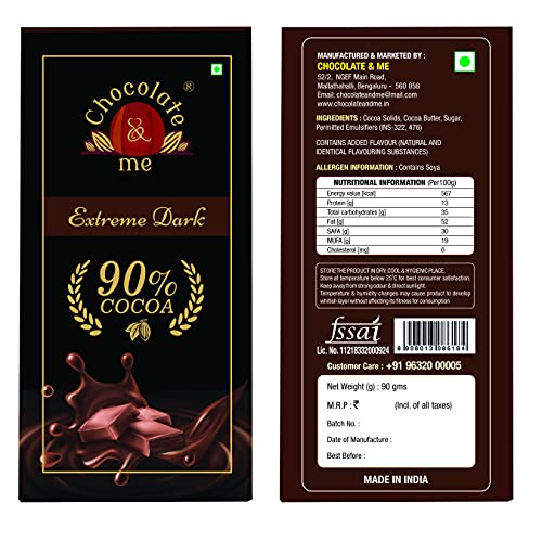 Image of Chocolate & Me 90% Dark Chocolate Bar Rich In Cocoa Butter|Vegan|Natural|2 X 90Gms(Pack Of 2)