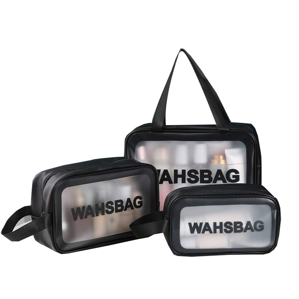 Translucent Cosmetic Bag, Large Capacity PVC Frosted Portable Portable Waterproof Transparent Three-piece Travel Large Storage (black)