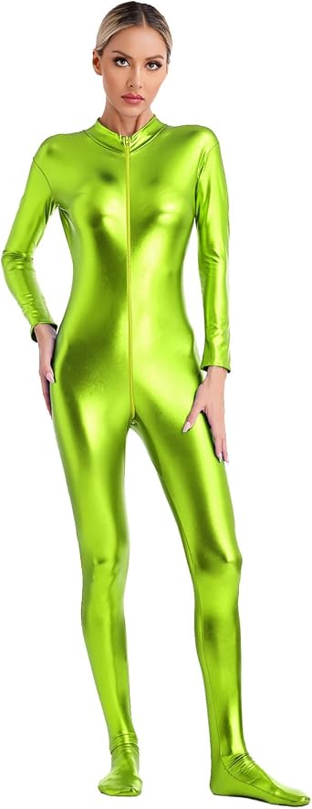 Agoky Womens Shiny Metallic Unitard Turtleneck Long Sleeve Footed Zentai Suit Catsuit Dancewear