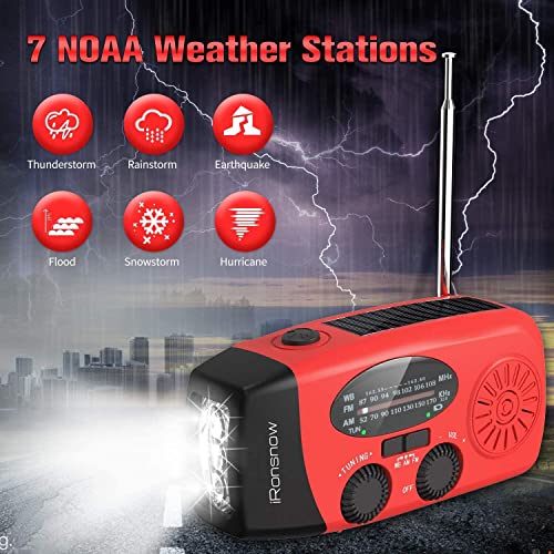 iRonsnow Solar Emergency Hand Crank Weather Radio, Portable Self Powered NOAA AM/FM Radios with SOS Alarm LED Flashlight 2000mAh Smart Phone USB Charger for Camping (Red) by iRonsnow - Image 4
