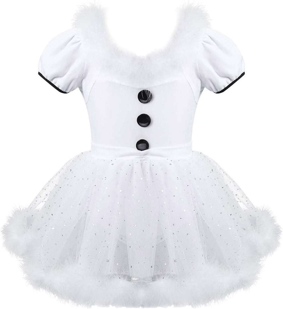Hansber Girls Christmas Outfit Feather Short Puff Sleeves Roller Skating Baton Twirling Sequined Mesh Leotard Dress