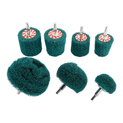 Highfree 7Pcs Non Woven Abrasive Buffing Wheels Drill Attachment Set,Green Scouring Pads Wheel With 1/4" Shank For Polishing/Mirror/Stainless Steel/Copper/Aluminum/Wood-Wares #TOP2
