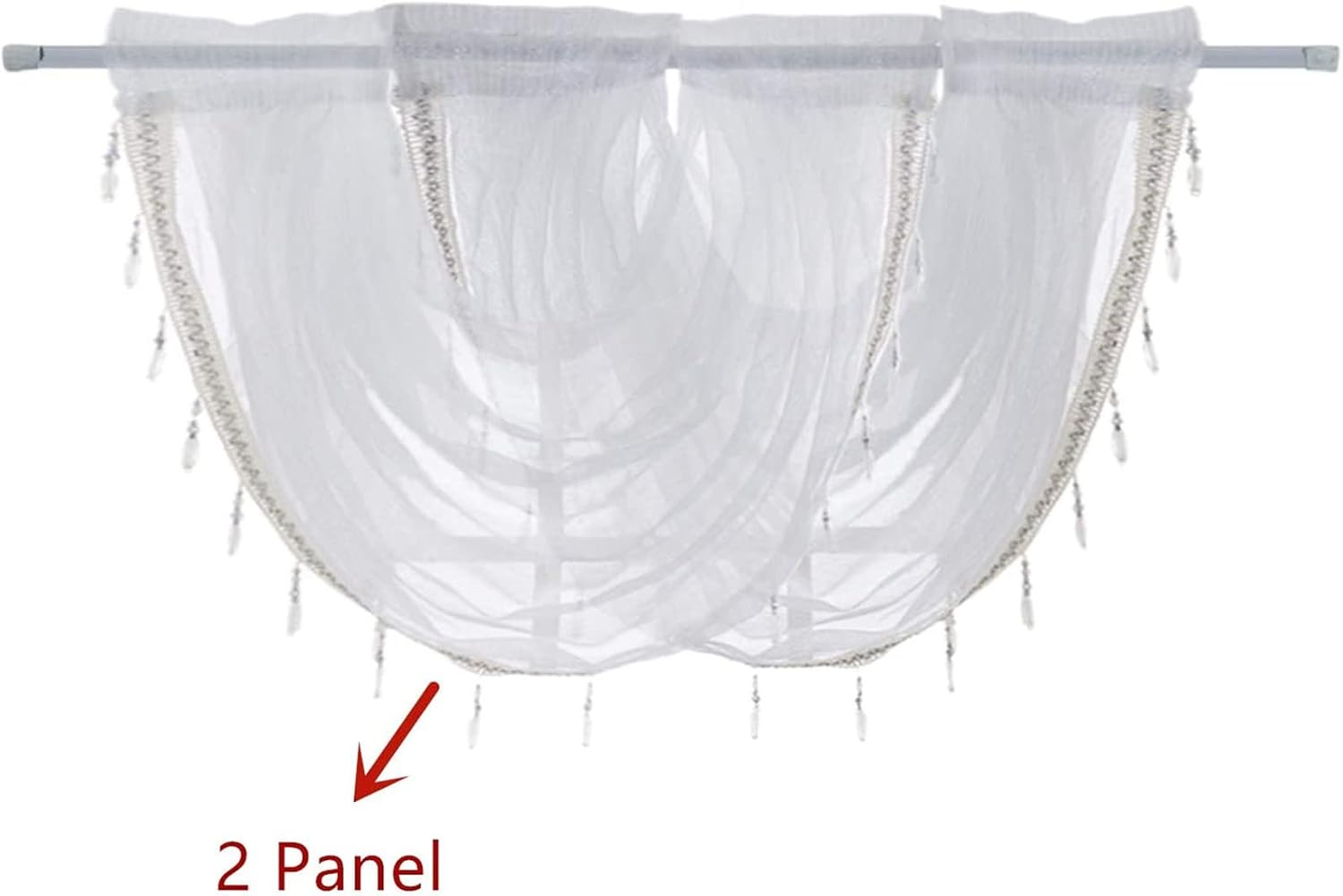 ABREEZE Tassel Waterfall Valance Sheer Curtains,White Silver Silk Line Luxury Beaded Valance Sheer Window Curtain Rod Pocket Valance Drapes,57W x 37L Inch,1 Panel