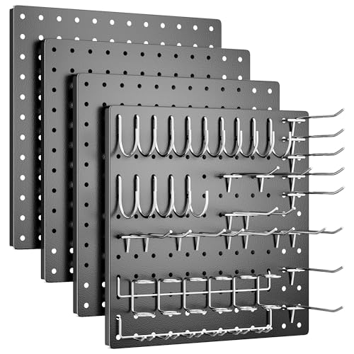 Peg Board, 4 Pack Metal Pegboard Kit,Black Pegboard Wall Organizer with 32 Pcs Hooks, Peg Board for Walls Home, Garage Tool Storage, Office Organization, Kitchen, Craft Room