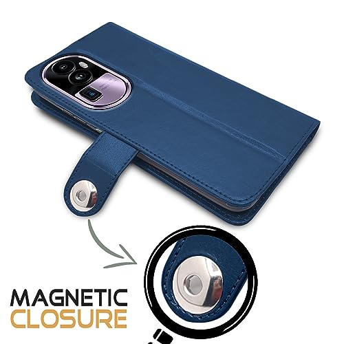 Image of Pikkme Oppo Reno 10 Pro Plus 5G Flip Cover Leather Finish | Inside TPU with Card Pockets | Wallet Stand and Shock Proof | Complete Protection Button Flip Case (Blue)