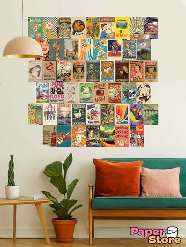 Image of Paper9store Pack Of 50 Aesthetic Wall Collage Kit - 4?6 Inches Self Adhesive Wall Posters For Bedroom, Living Room, Office A6 Size (Vintage)