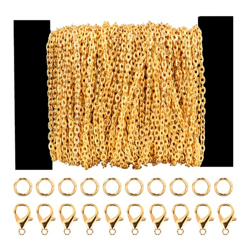 Siumir 12 Meter x 2mm Goldene Kabel Gliederkette DIY Chain mit 100 Biegeringen und 30 Karabinerverschlüsse Schmuck Zubehör