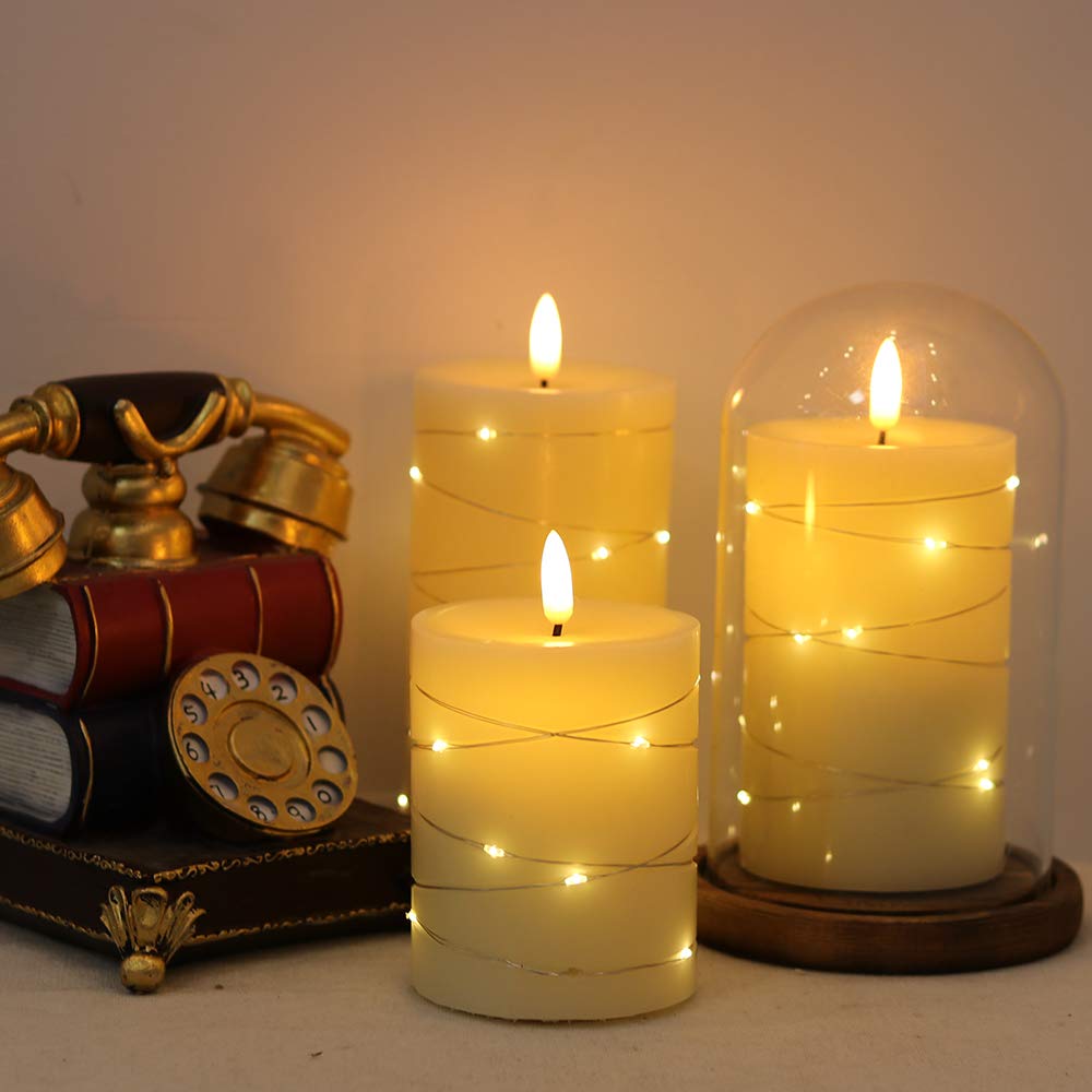 Eldnacele Flameless Flickering Candles With Embedded String Light, 3D Wick Battery Candles With Remote And Timer, Ivory Real Wax Pillar LED Candles Set Of 3 (D3"x H4" 5" 6") For Decoration(Optical Fiber Wick) - Eldnacele