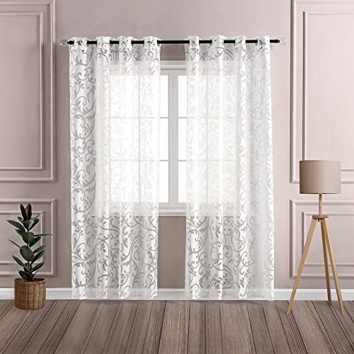 Delien Voile Ausbrenner Gardine mit Ranken Muster B140 x H225 cm, Weiß