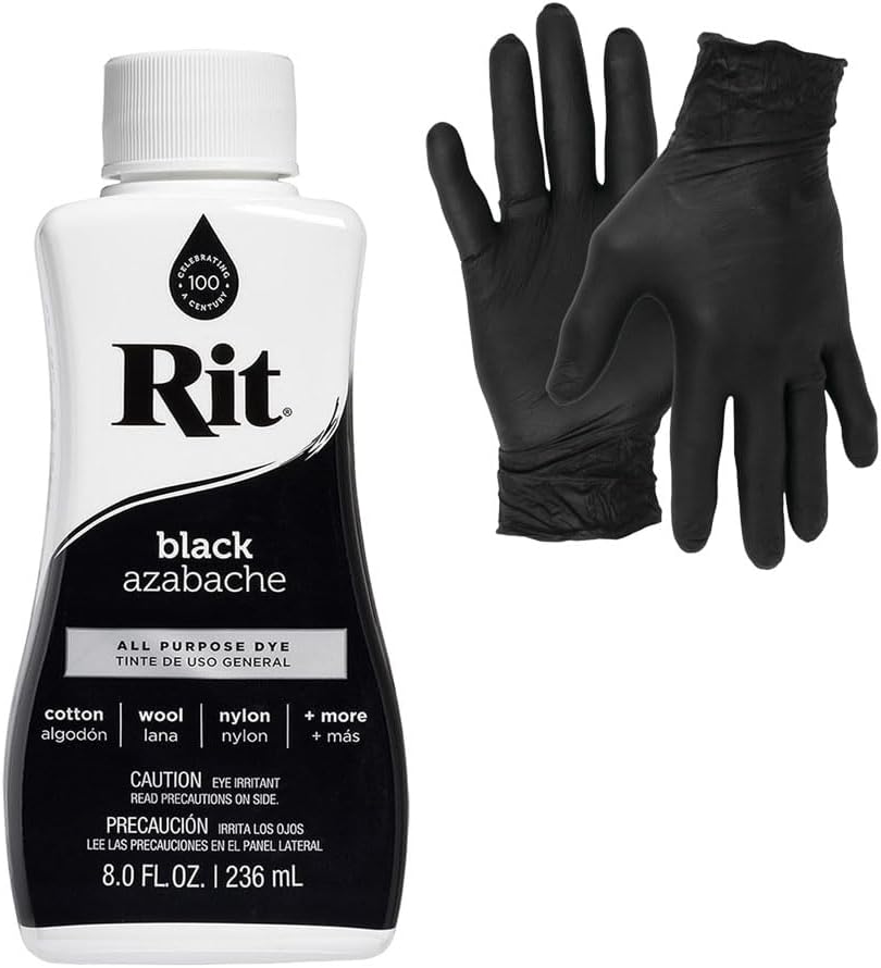Dye – Rit Liquid Fabric Dye for Crafting, Clothing, and Décor – 8 oz. Bottle – with Artisx Nitrile Gloves Included (Black)