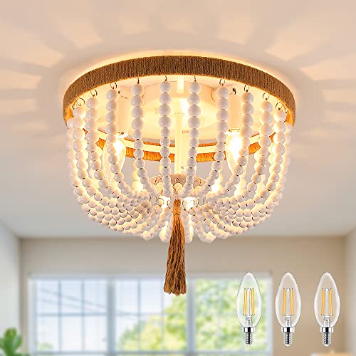 Sunovo Boho Wood Beaded Chandelier Light Fixture, 3-Lights Boho Chandelier Flush Mount Ceiling Light Wooden Beaded Rope White For Nursery Room, Kids Room, Bedroom, Hallway, Entryway Included Bulbs #TOP6