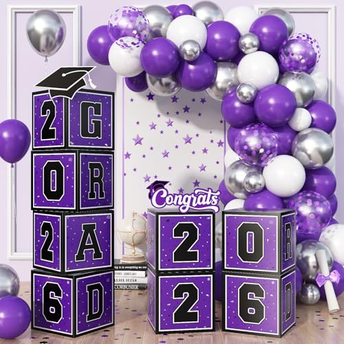 Froova Purple Graduation Decorations 2026, 4Pcs Grad Balloon Boxes and 35Pcs Purple Silver Balloon Garland Arch So Proud of You Graduation Decorations Class of 2026 Prom Grad Party Supplies