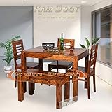 Ramdoot Furniture Wooden Solid Sheesham Wood Dining Table 4 Seater | Dining Table Set with 3 Chairs & 1 Bench | Home Dining Room Set Furniture Wooden Dining Table 4 Seater | Teak Finish