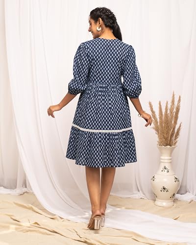 Image of FIORRA Women's Blue Cotton Floral Printed Dress