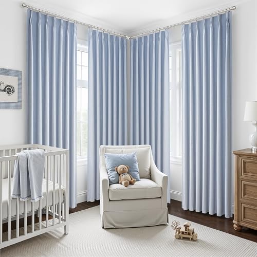 Image of DustyBlue 102 Inches Long Blackout Curtains for Kids Bedroom 2 Panels Set, Pinch Pleated Living Room Curtain Linen Thermal Coastal Drapes Floor to Ceiling Track Light Blue Decor (40 inchWx102 inchL)