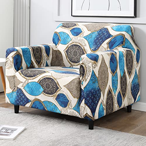 Image of HOKIPO Elastic Stretchable Sofa Cover 1 Seater, Blue Egyptian Art (AR-4093-D13)