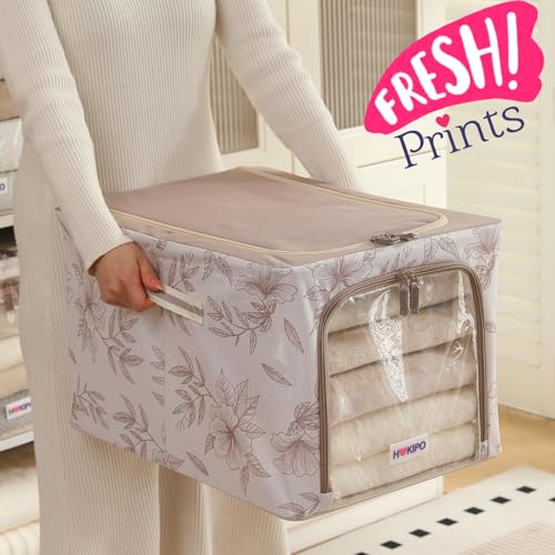 Image of HOKIPO 600D Oxford Fabric Cloth Organizer for Storage, Latte Floral - Extra Large Pack of 1 (AR-6490-LBR)