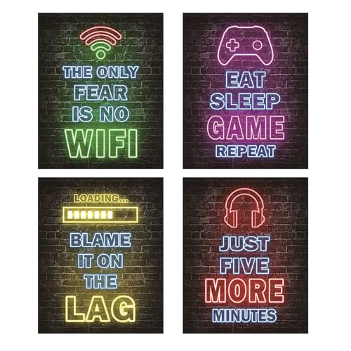 YEVON Gaming Posters Wall Art Set of 4 – Neon Gaming Room Decor for Boys Bedroom – 8×10 inch Unframed Canvas Posters for Teen Bedroom Accessories – Wall Decoration for Boys Playroom