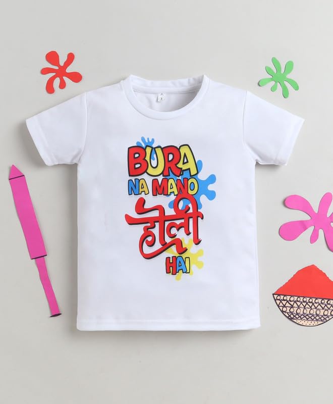Image of The Magic Wand Kids Holi Festival Theme Printed T-Shirts, Girls Top, Boys Kurta Multicolored for Kids Baby Boys and Girls, Traditional Indian Wear Dress for Holi