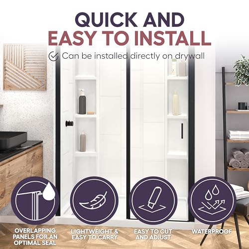White Acrylic Shower Wall Surround 36\"x 60\"x 80\" - Waterproof, Easy-to-Install, Two Shelf Units Kit Included - Shower Wall Surround Panels - Vertical Pattern, Dynamic Shelves - Noah William Home