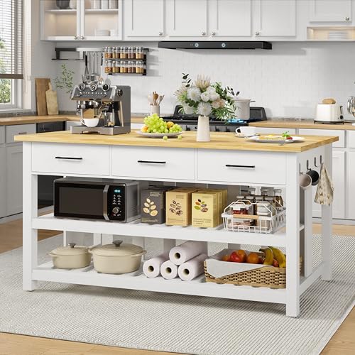 60' Solid Rubberwood Kitchen Island with Power Outlets - Extra Large...