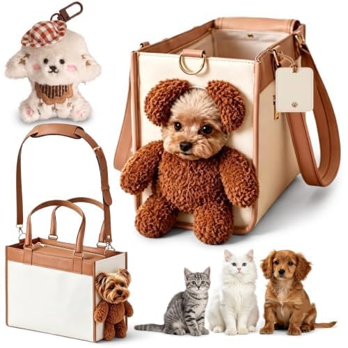 Teddy Bear Dog Carrier Bag, Soft PU Pet Tote Bag for Small Dogs，brown：S