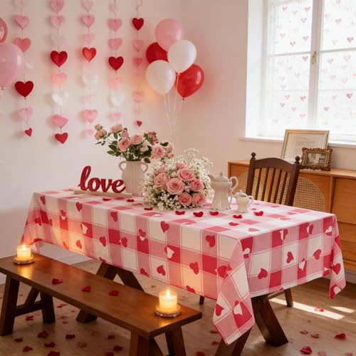 MikiUp Checkered Rectangle Valentine's Day Tablecloth - Waterproof and Washable Love Heart Gingham Table Cloth Decorative Table Cover for Party, Pink 60 x 84 Inch by MikiUp - Image 2