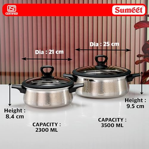 Image of Sumeet ISI Certified Stainless Steel Cook & Serve Designer Shallow Biryani Pot /Casserole with Glass Lid |Induction, Gas Compatible | Set of 2 Pc - Capacity - 2300 & 3500ml -Dia - 21 & 25cm, Silver