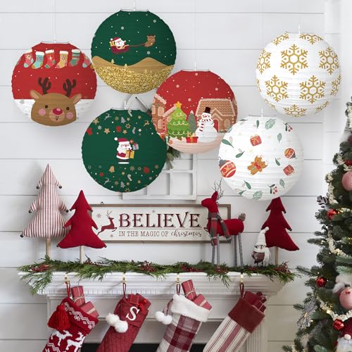 Image of 6 Pcs Christmas Hanging Paper Lantern Set Lanterns Xmas Party Supplies for Outdoor Indoor Classroom Birthday Graduation Christmas Decorations (Picture)