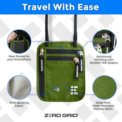 Neck Wallet for Travel & Passport Holder with RFID Blocking - Slim & Easy to Conceal Nylon Travel Pouch for men & women - Holds Phone, Cash, Cards, Keys - Sweat & Water Resistant - Large - Green - Thumbnail 4