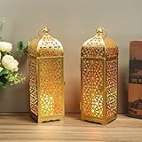 Lanterne marocaine décorative en métal à suspendre pour la maison, le salon, le jardin, la cour, les fêtes, les événements, la table, l'intérieur (doré)