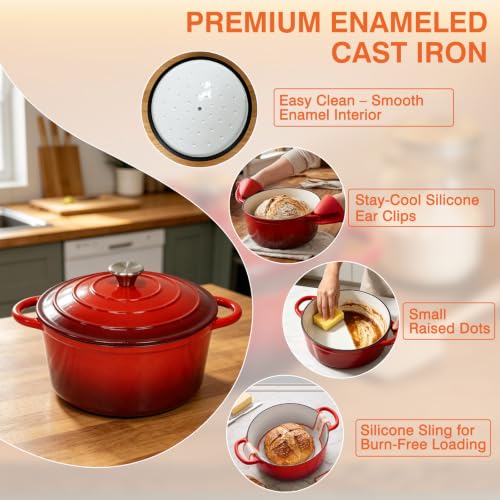 Image of Enameled Cast Iron Dutch Oven Pot with Lid 5.5QT, Sourdough Bread Baking Supplies with Banneton Bread Proofing Basket Set & Starter Jar, Unique Dutch Oven for Bread Baking (Gradient Red)