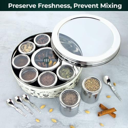 Image of MARU 12-in-1 Printed Stainless Steel Masala Dabba for Kitchen, Elegant and Durable Spice Box with See-Through Individual Lids, Ideal Kitchen Organizer for Storing All Herbs, Spices, and Seasonings