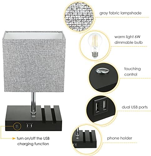 USB Table Lamp,Touch Control Bedside Lamp with 2 Fast Charging USB Ports,Grey Dimmable Nightstand Lamp with 2 Phone Stand for Bedroom, Living Room,Study (Bulb Included)