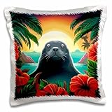 3dRose Cute Hawaiian Monk Seal with Hibiscus 16x16 inch Pillow Case